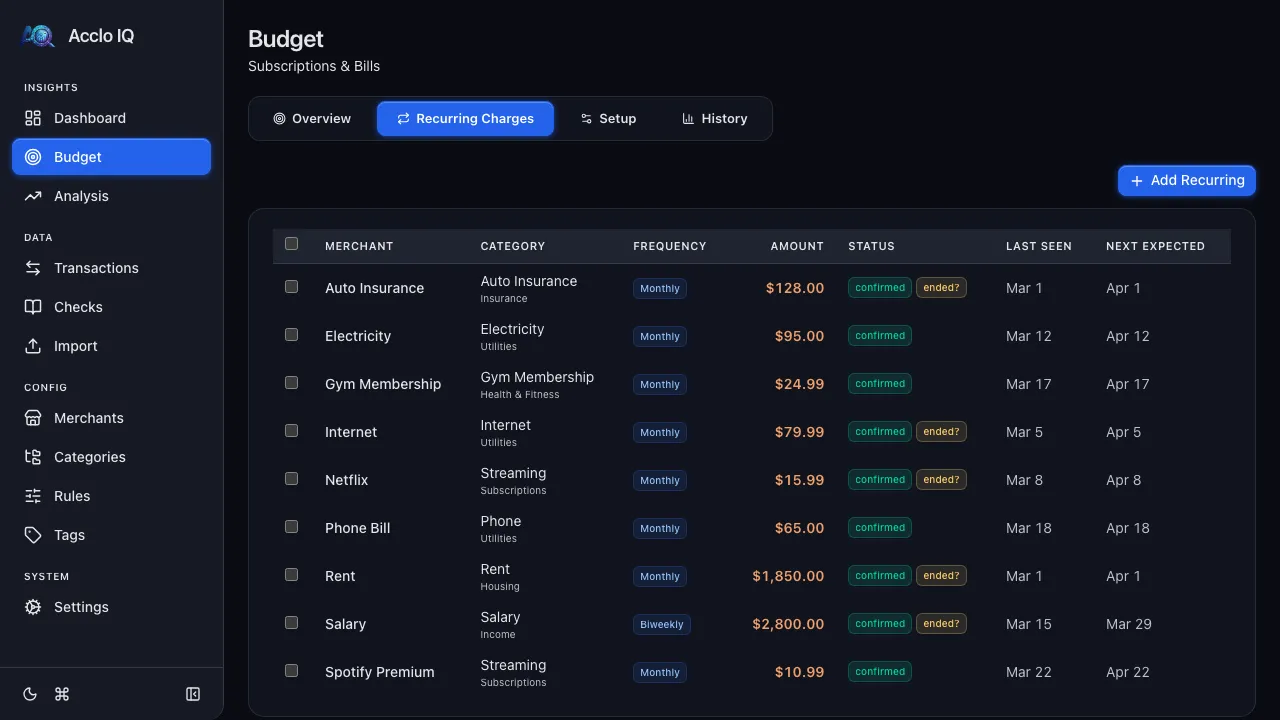 Recurring Detection screenshot