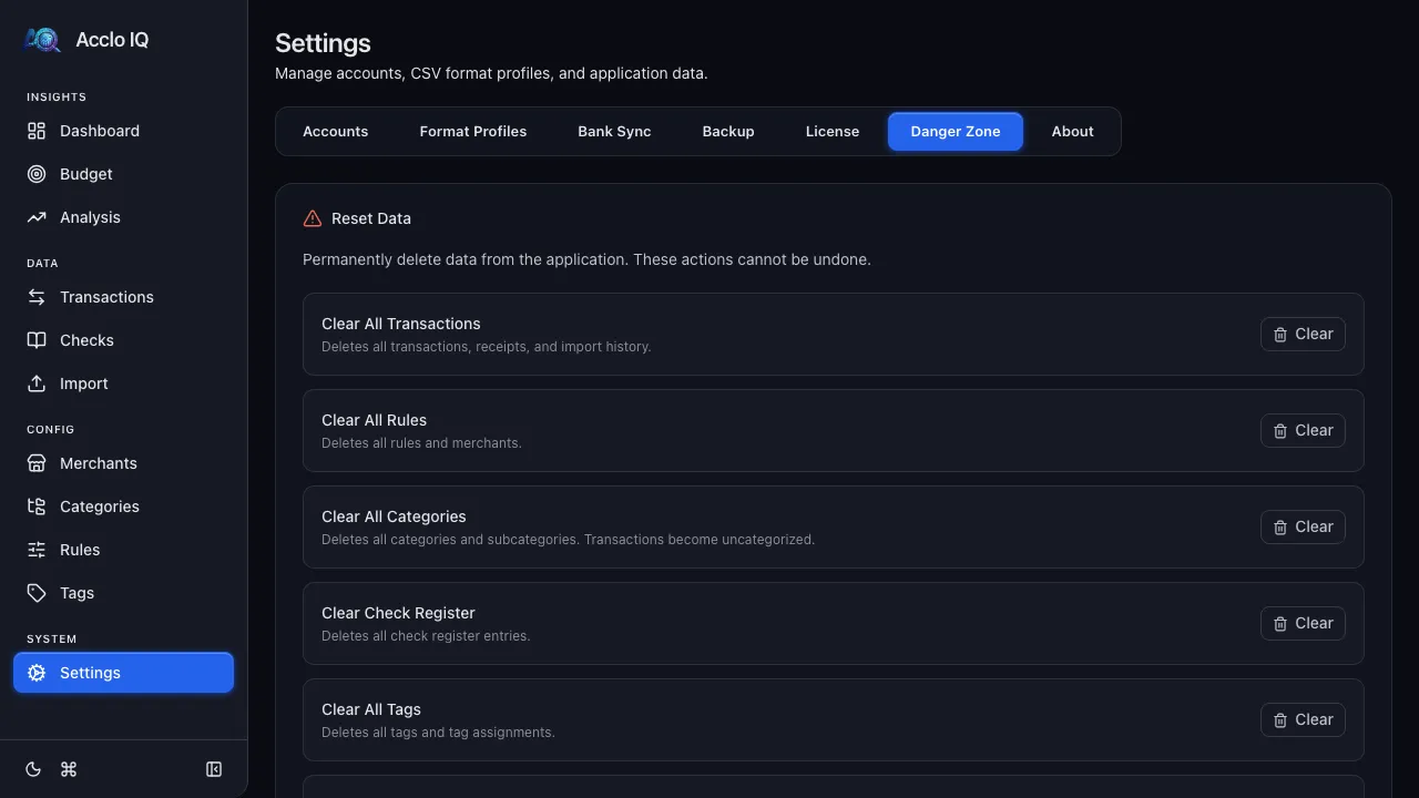 Settings Danger Zone tab with reset data options