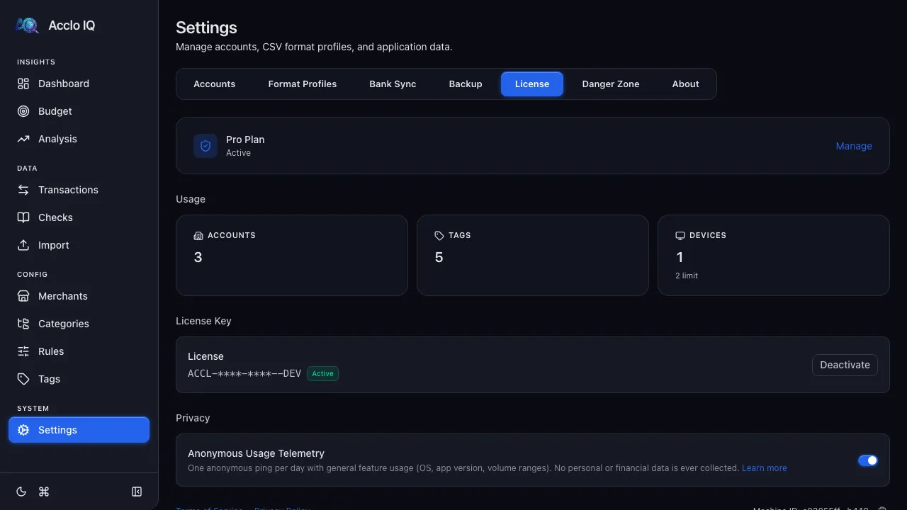 Settings License tab showing Pro status, linked devices section, and Machine ID
