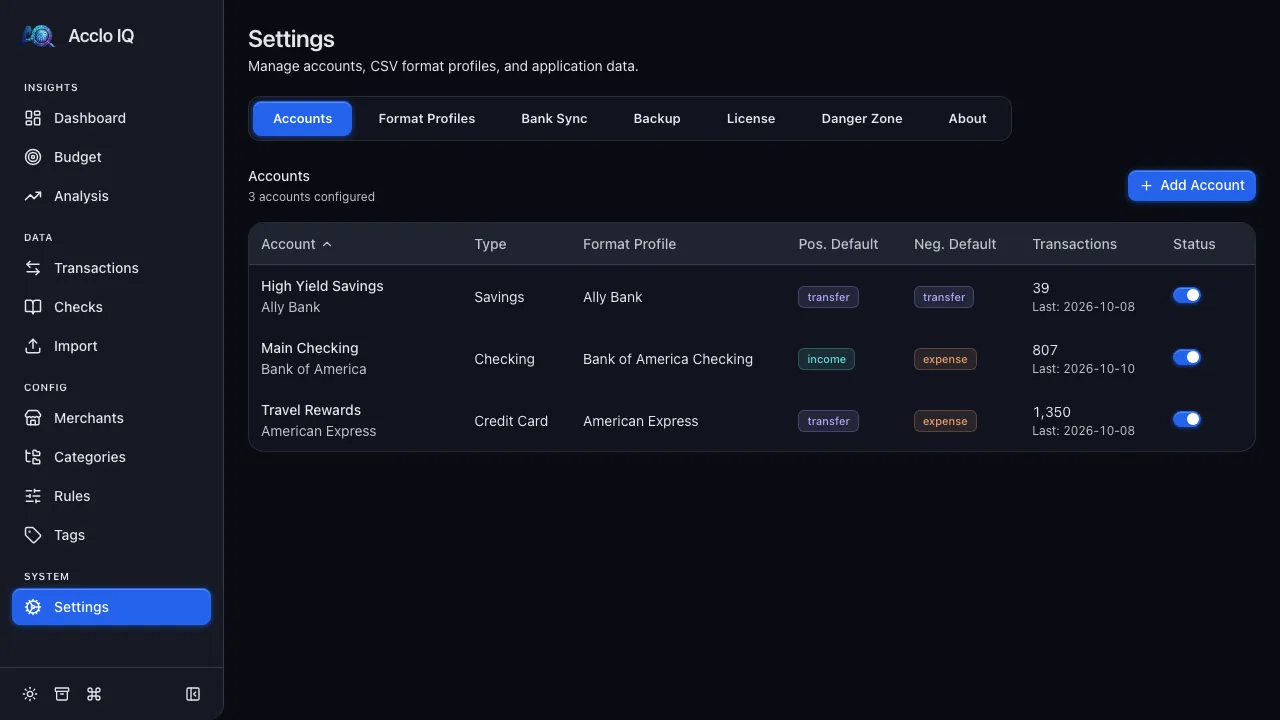 Settings page where accounts, profiles, licensing, and app settings are managed