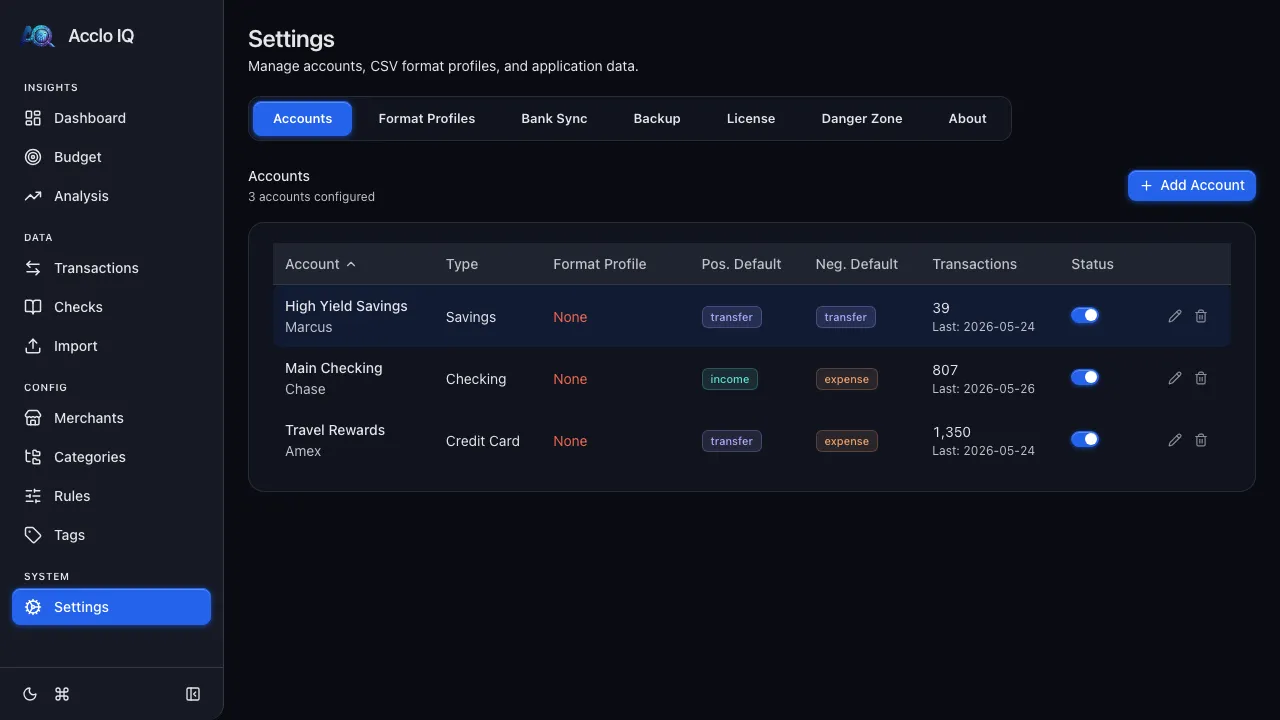 Settings page where local accounts are created and managed