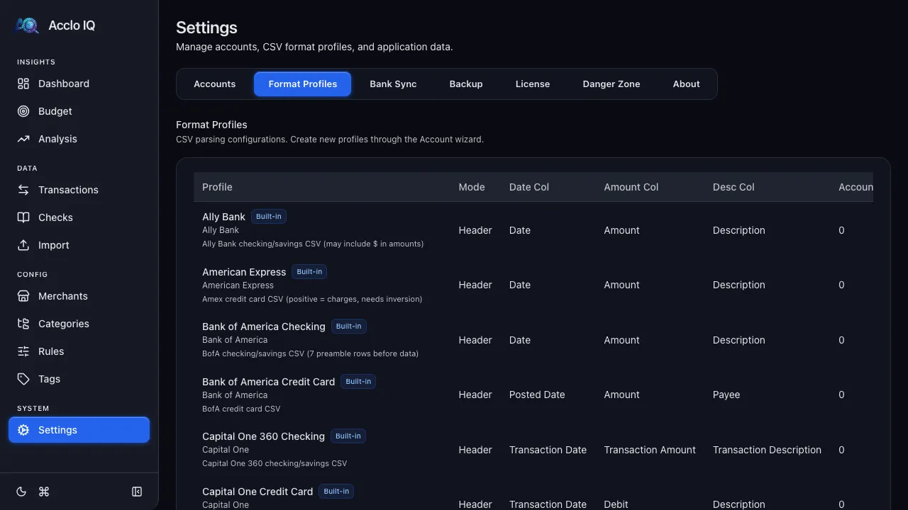 Settings Format Profiles tab showing the list of profiles with column mapping details