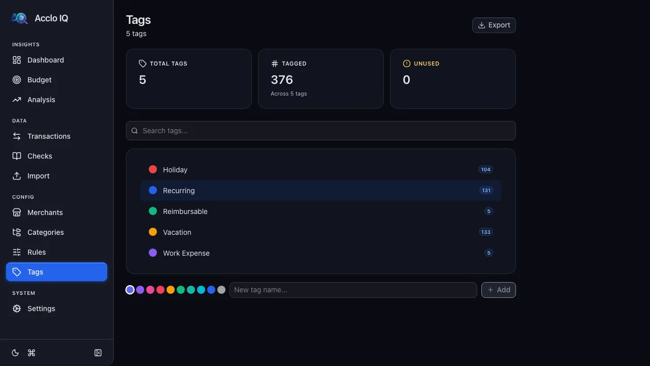 Tags page showing the tag list with color indicators and transaction counts