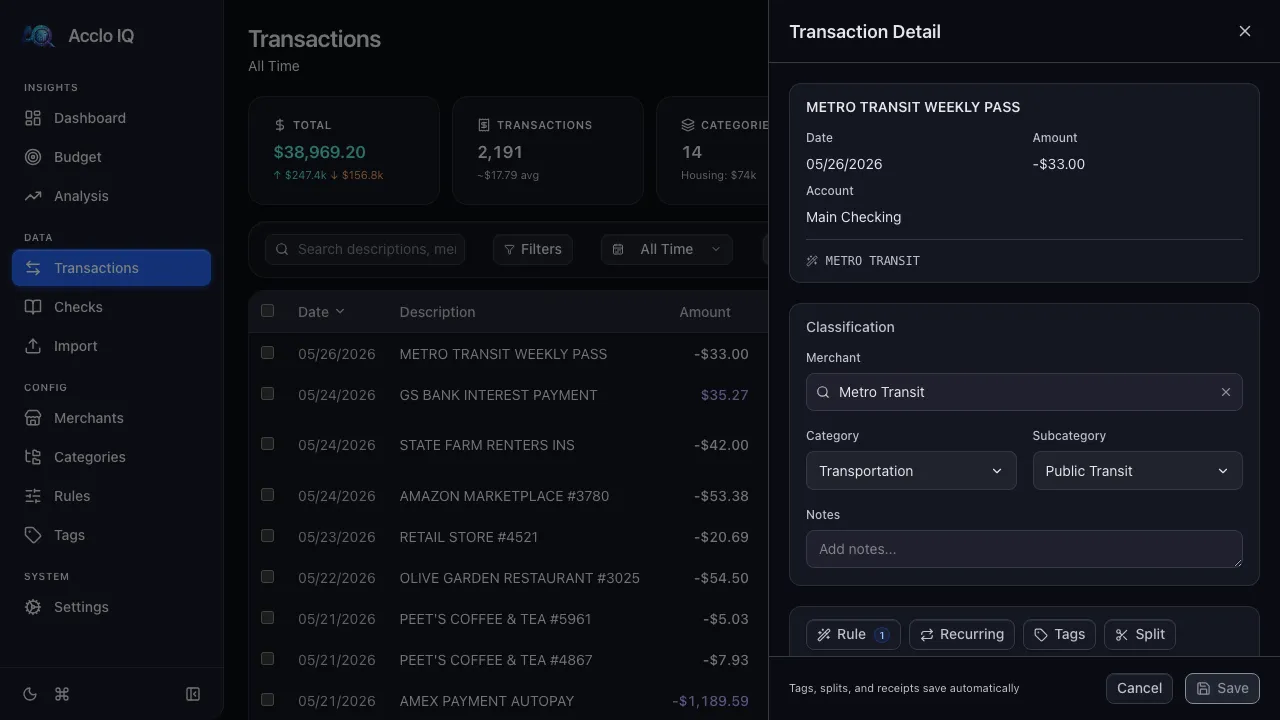 Transaction detail panel open on the right side, showing summary fields, classification dropdowns, and action toolbar