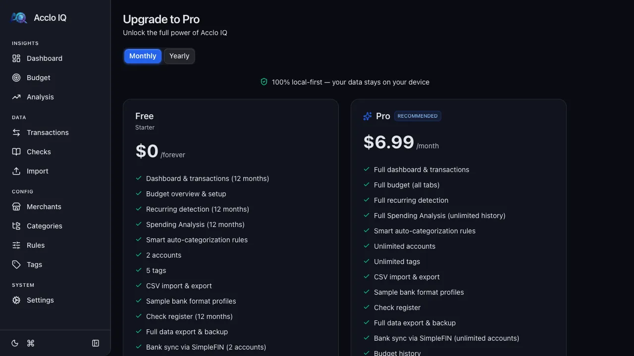 Upgrade page showing Free and Pro tier comparison cards with feature lists and pricing